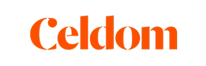 Logotipo da marca Celdom em fonte laranja e estilizada.