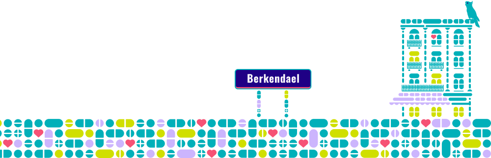 Colorful geometric pattern with Berkendael sign and stylized building