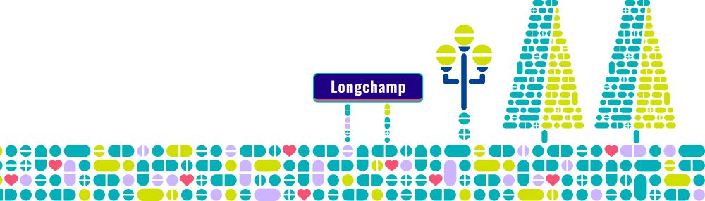 Longchamp logo with colorful geometric pattern and stylized figure
