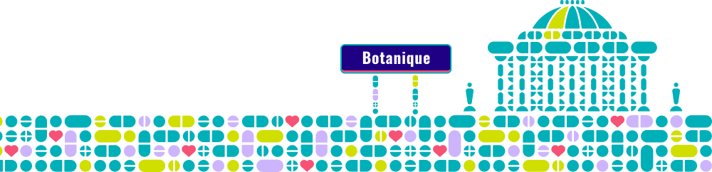 Stylized geometric landscape with Botanique sign and colorful building