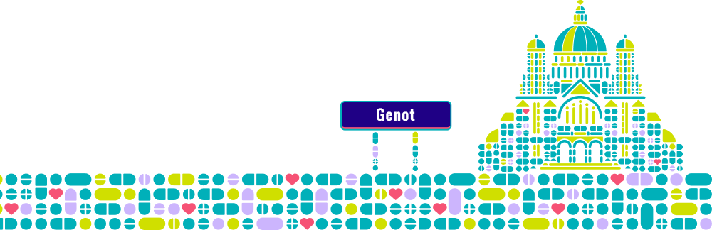 Colorful geometric illustration of a cathedral with Genot text label