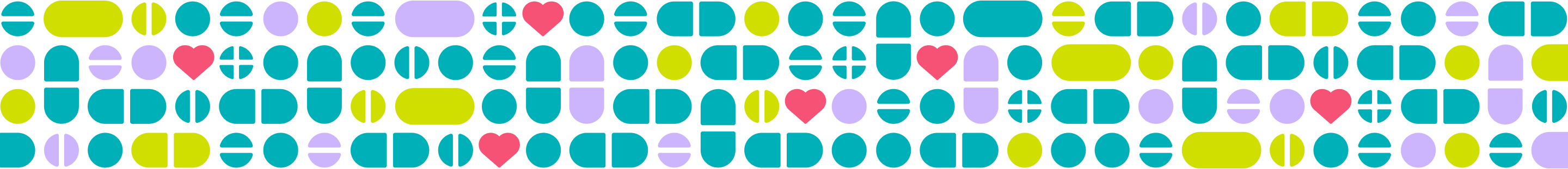 Geometric pattern with colorful circles, capsules, and hearts in teal, yellow, purple