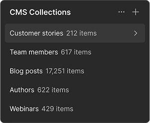 Tableau de bord CMS affichant des collections avec le nombre d'éléments : histoires clients 212, membres de l'équipe 617, articles de blog 17 251, auteurs 622, webinaires 429.