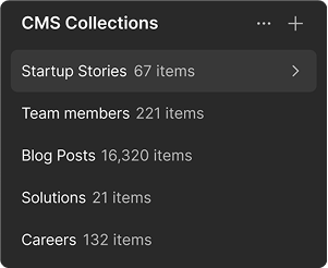 Liste des collections CMS affichant cinq catégories : Startup Stories (67 éléments), Team members (221 éléments), Blog Posts (16 320 éléments), Solutions (21 éléments), Careers (132 éléments).