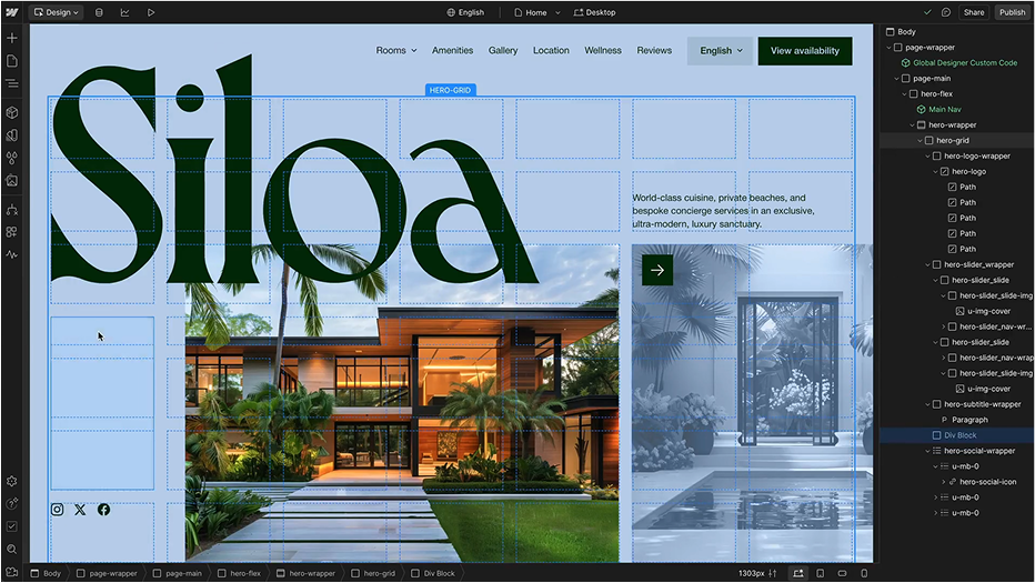 Page d'édition Webflow montrant une page d'accueil de site hôtelier avec logo Siloa, photo d'une maison moderne entourée de palmiers, et menu de navigation en haut.