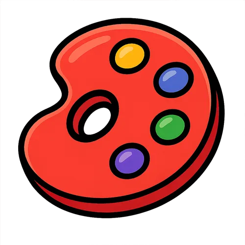 Une palette de peinture rouge avec des touches de jaune, bleu, vert et violet.