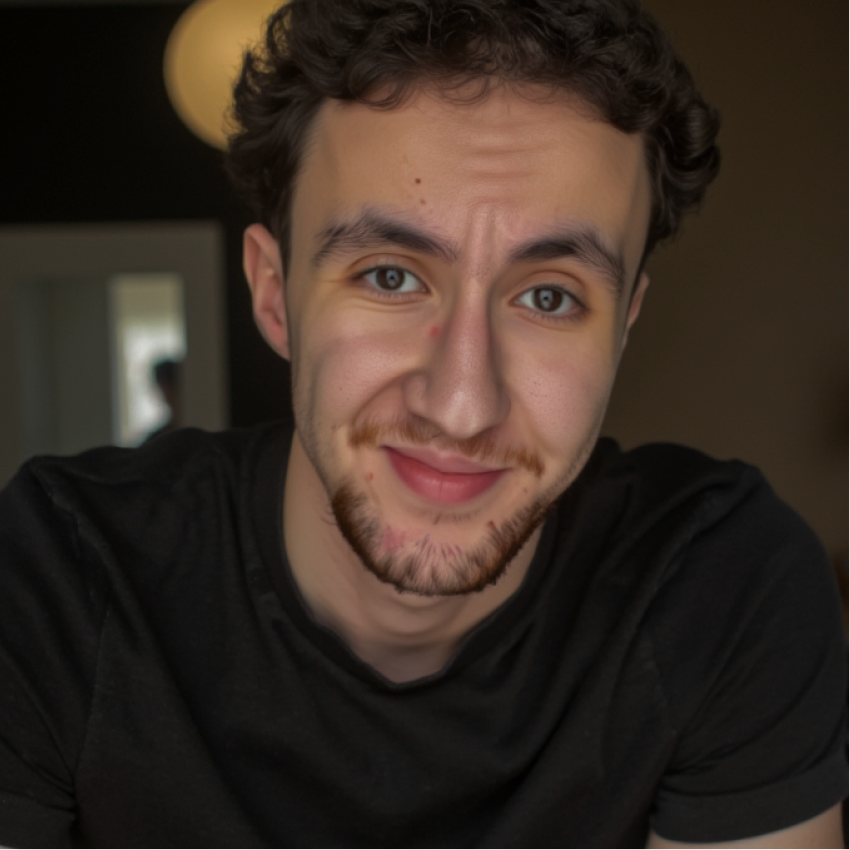 Photo de Massinissa : Homme souriant aux cheveux bouclés portant un t-shirt noir, avec un fond intérieur flou.