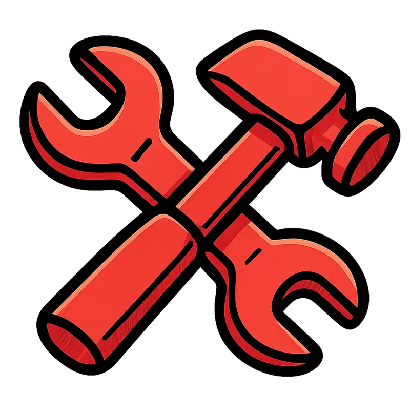 Icône rouge d'une clé et d'un marteau croisés sur fond noir.