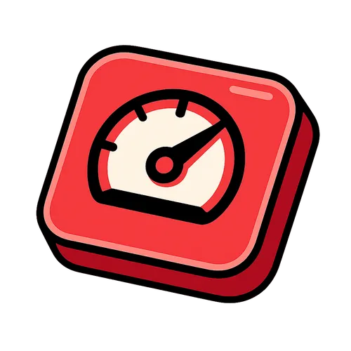 Icône rouge d'un compteur de vitesse stylisé avec une aiguille pointant vers la droite.