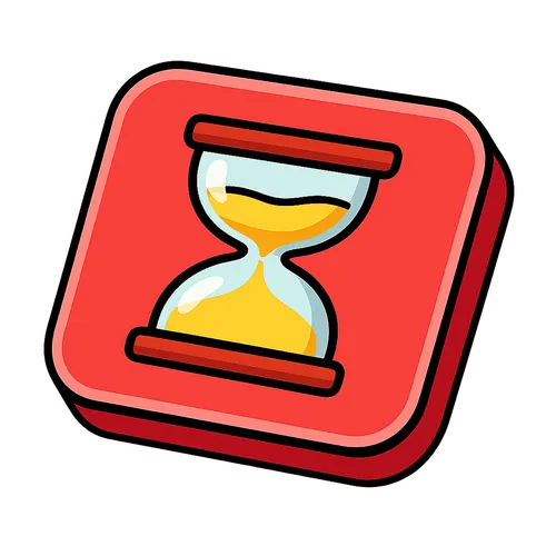 Icône rouge avec un sablier jaune stylisé indiquant le passage du temps.