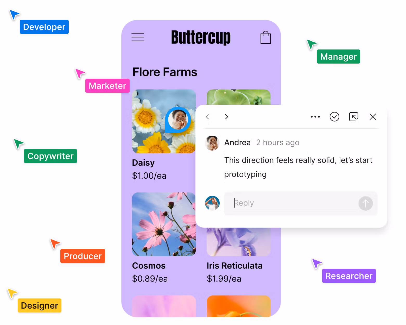 Interface d'application mobile Buttercup montrant une liste de fleurs avec images et prix, entourée d'étiquettes colorées indiquant différents rôles comme développeur, marketeur, manager, copywriter, producteur, designer, et chercheur. Une fenêtre de commentaire affiche un message d'Andrea disant que la direction est solide et propose de commencer le prototypage.