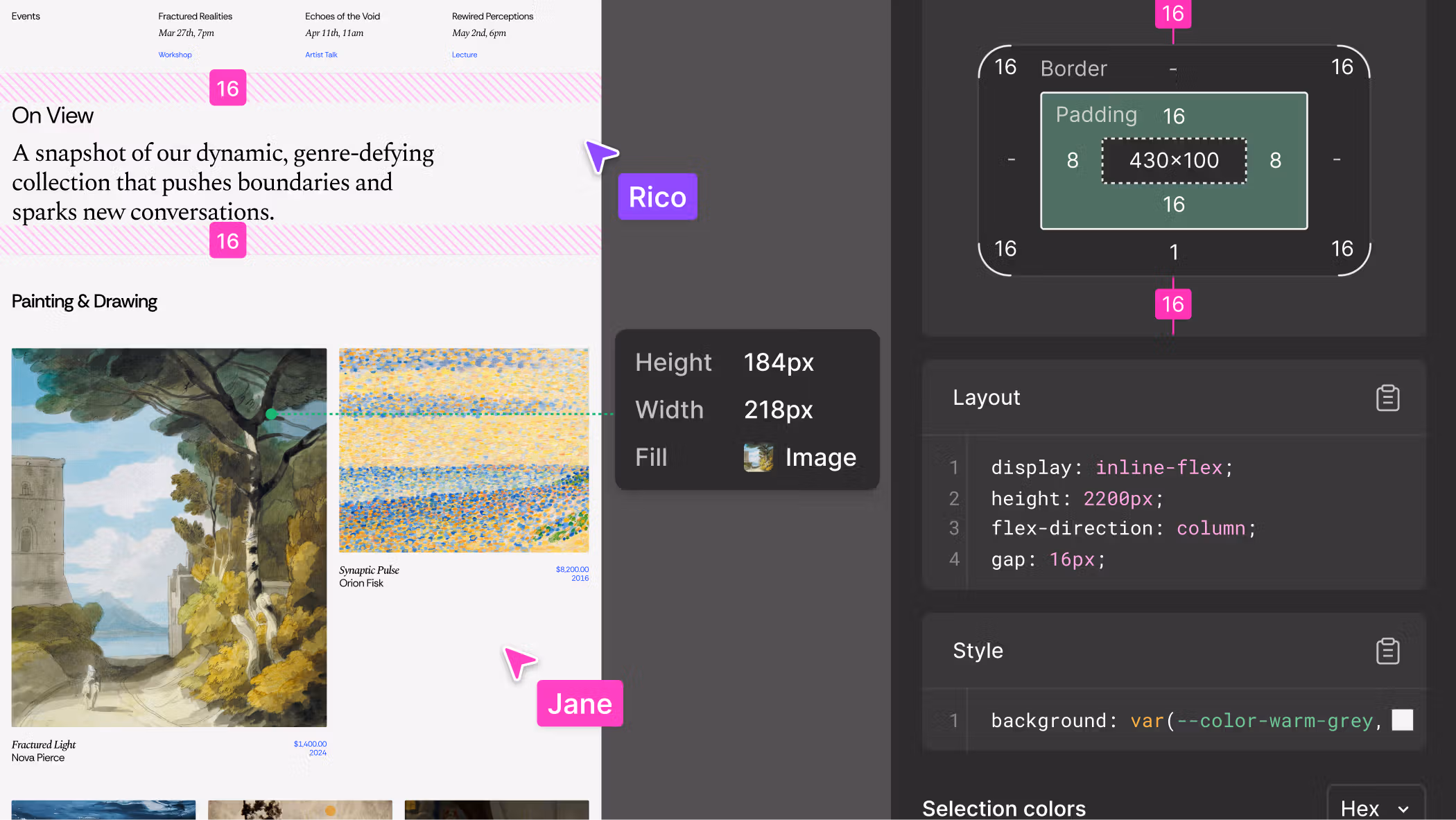 Capture d'écran d'une interface de conception Web montrant des marges et des espacements de 16 pixels, avec des détails sur la hauteur, largeur, disposition en flex et styles de fond.