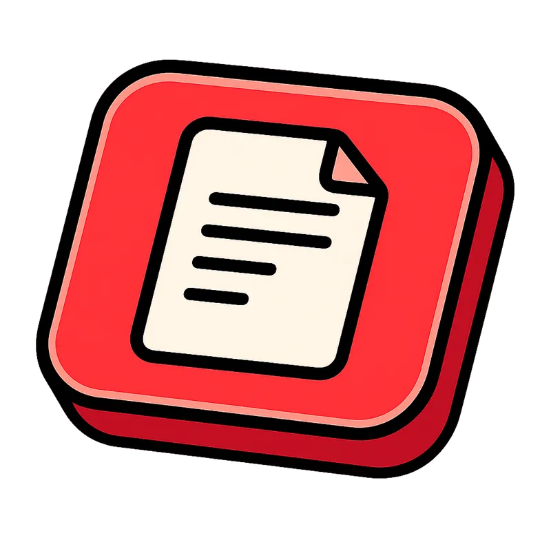 Icône de document blanc avec lignes horizontales sur un bouton rouge arrondi.