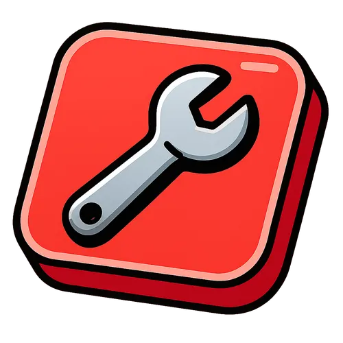 Icône de clé à molette grise sur fond rouge symbolisant les outils ou la réparation.