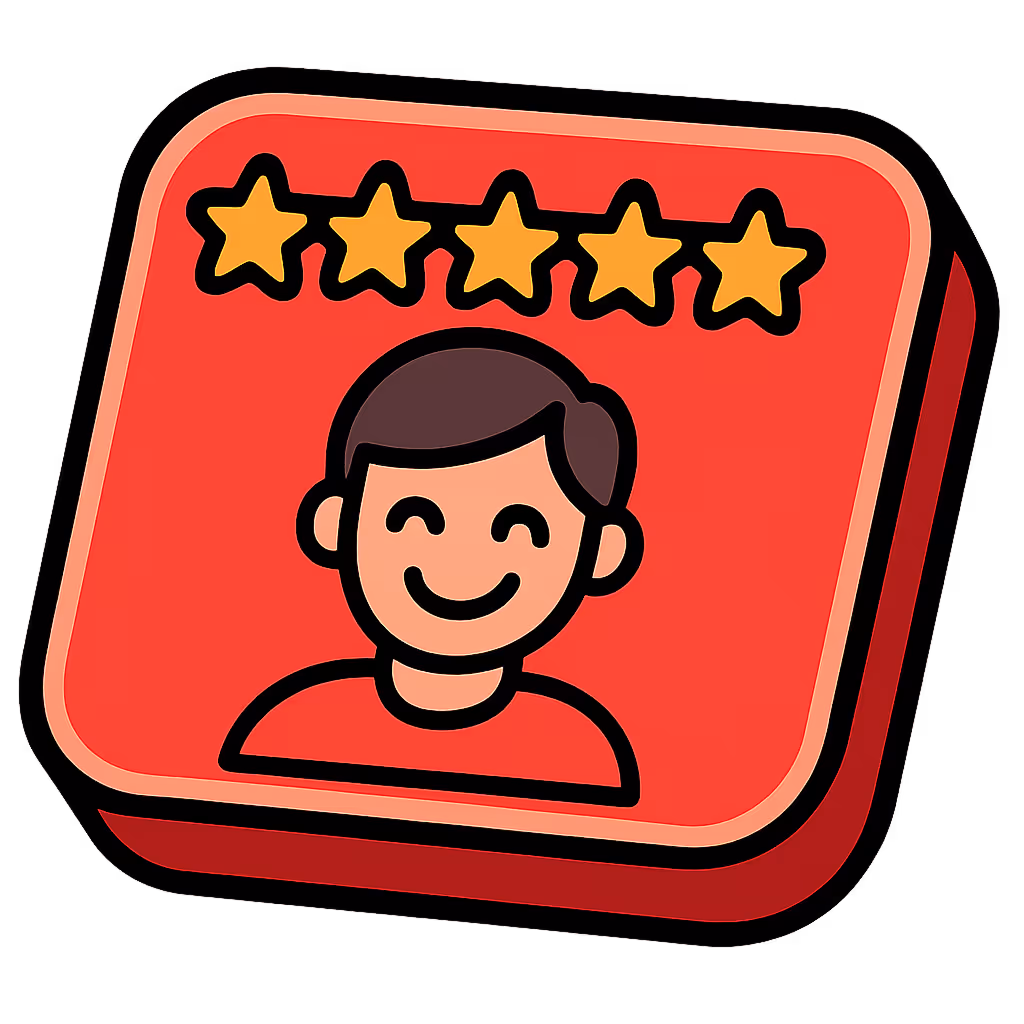 Icône d'un visage souriant avec une barre de cinq étoiles au-dessus, symbole d'une évaluation 5 étoiles.