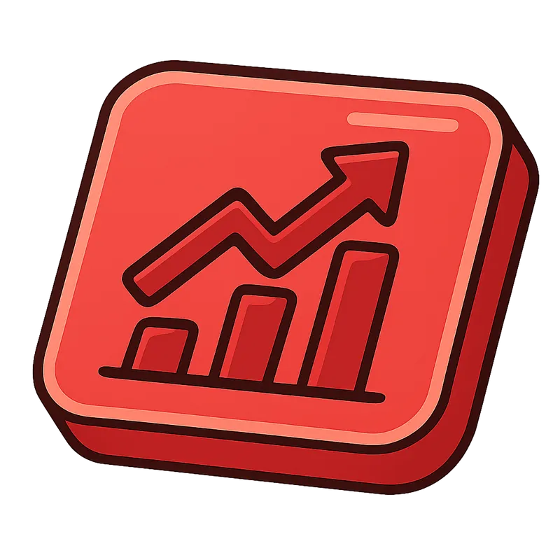 Icône rouge avec un graphique à barres croissantes et une flèche pointant vers le haut.