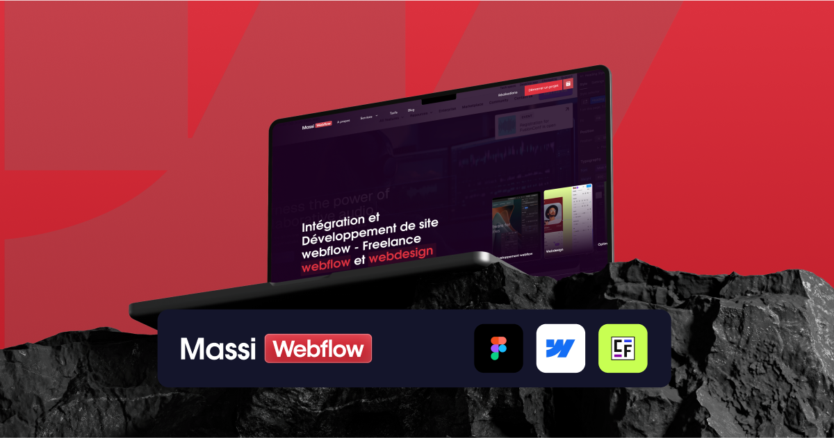 Ordinateur portable affichant un site de freelance spécialisé en intégration et développement Webflow, posé sur une roche noire avec un fond rouge, accompagné des logos Massi Webflow, Figma, Webflow et CF.