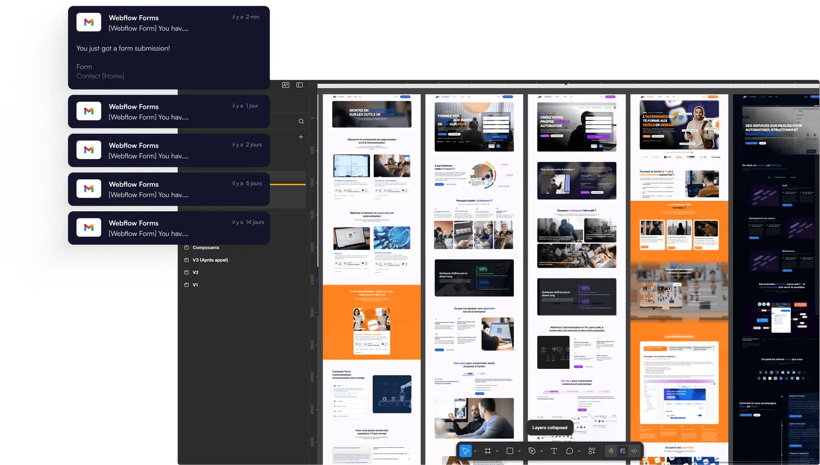 Interface de conception Webflow montrant plusieurs pages web alignées verticalement et une colonne de notifications de formulaires Webflow à gauche.