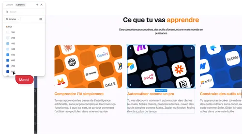 Page web avec trois sections sur l'apprentissage de l'IA, l'automatisation et la construction d'outils, chacune illustrée par des icônes et logos colorés.