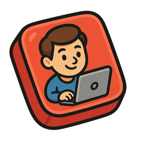 Illustration d'un garçon souriant utilisant un ordinateur portable sur un fond rouge arrondi.