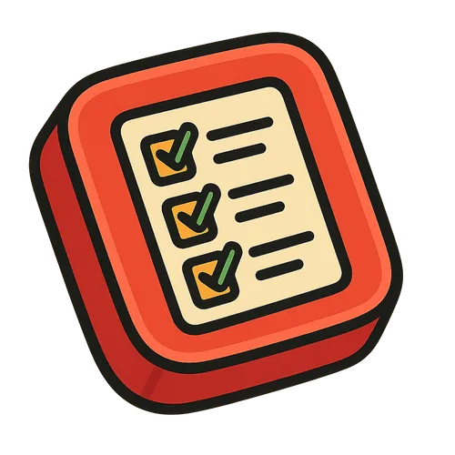 Icône carrée rouge avec une liste à puces cochée de trois éléments.