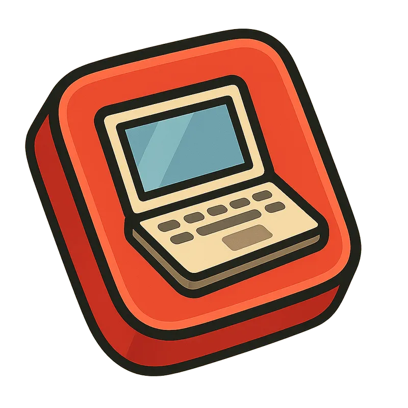 Icône de style dessin animé d’un ordinateur portable beige avec écran bleu sur fond rouge arrondi.