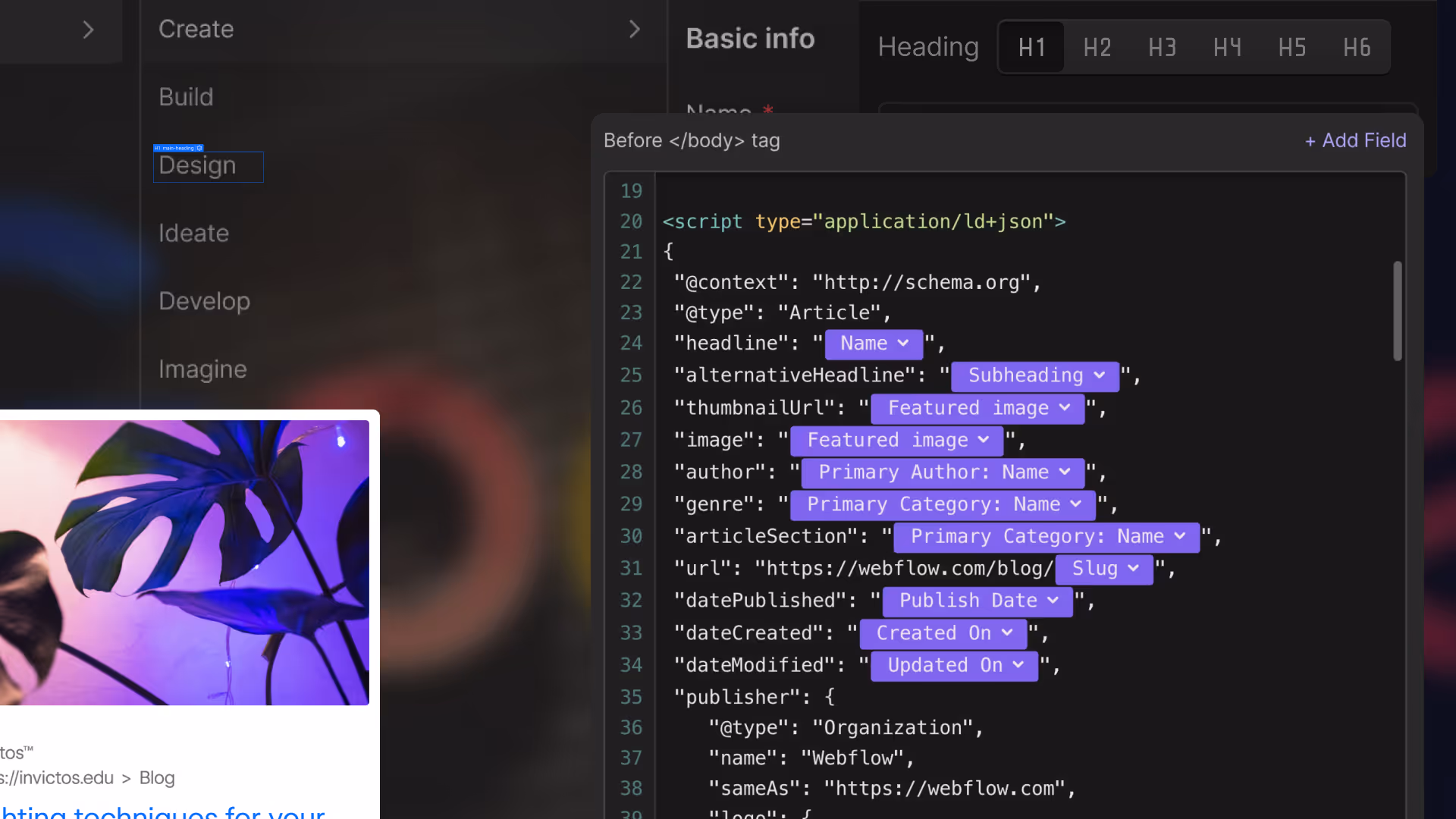 Capture d'écran d'un éditeur de code affichant un script JSON-LD pour le balisage sémantique d'un article avec des champs comme titre, image, auteur, catégorie et dates.