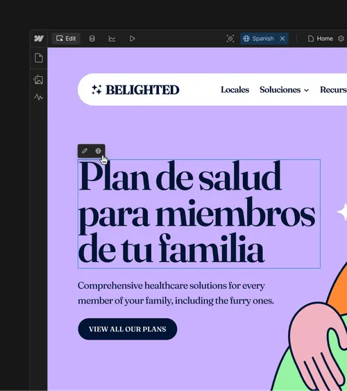 Interface d'édition d'un site webflow avec le titre en espagnol "Plan de salud para miembros de tu familia" sur fond violet et un bouton "View all our plans".
