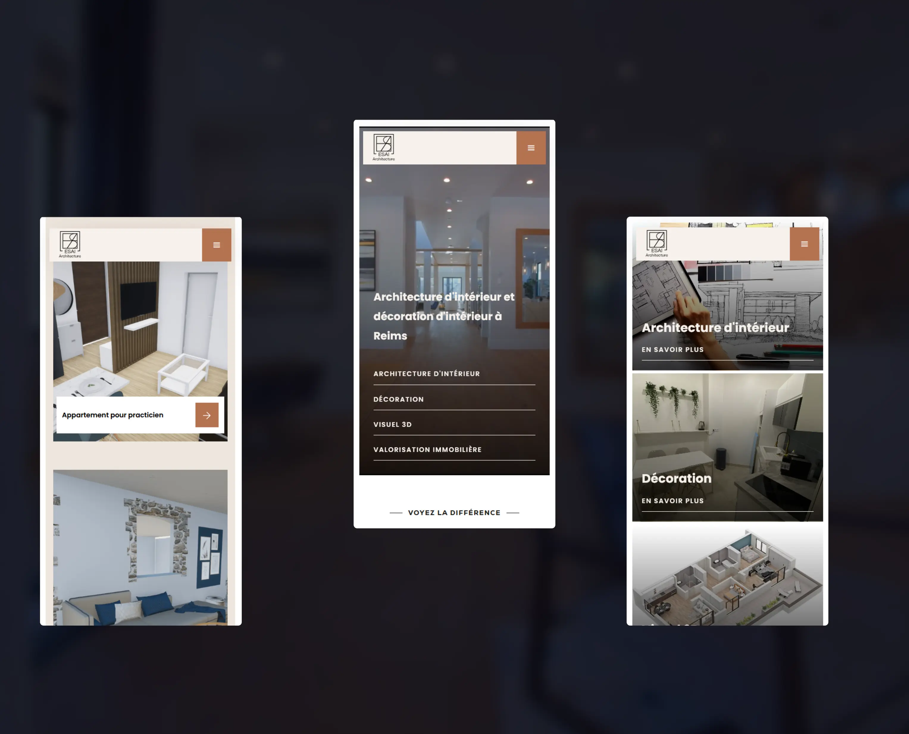 Différents écrans mobile du site d'ESAI Architecture