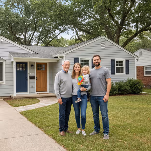 A multi-generational family of four stands together on a green lawn in front of a light gray ranch-style home. The group includes an older man, a younger couple, and a small child held by the mother, all smiling at the camera. The house features two adjacent front doors—one painted navy blue and one natural wood—suggesting a multi-unit or accessory dwelling layout.