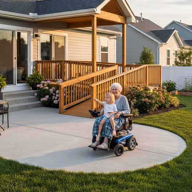 Backyard of a family home features a stepped entrance and a wooden ramp to sliding double doors. A senior woman sits at the end of the ramp in a wheelchair, with a toddler on her lap.