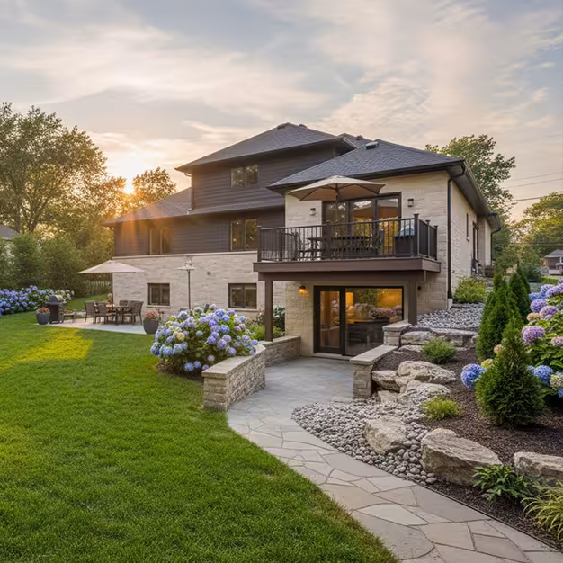 Modern living room with gray armchairs, white sofa with yellow pillows, dark wooden coffee table, and TV mounted on a stone accent wall.