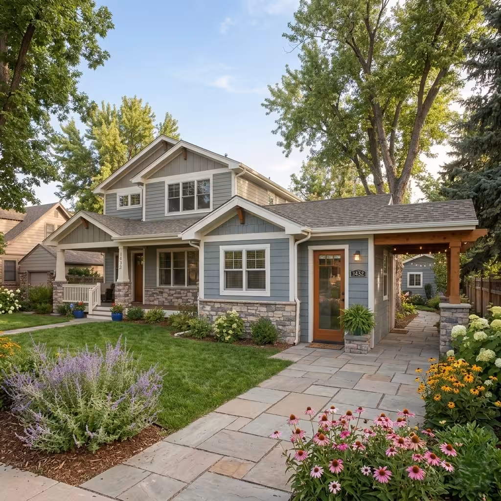 Two-story gray house with stone accents, surrounded by green lawn, colorful flowers, and tall trees. Features an attached separate living space.
