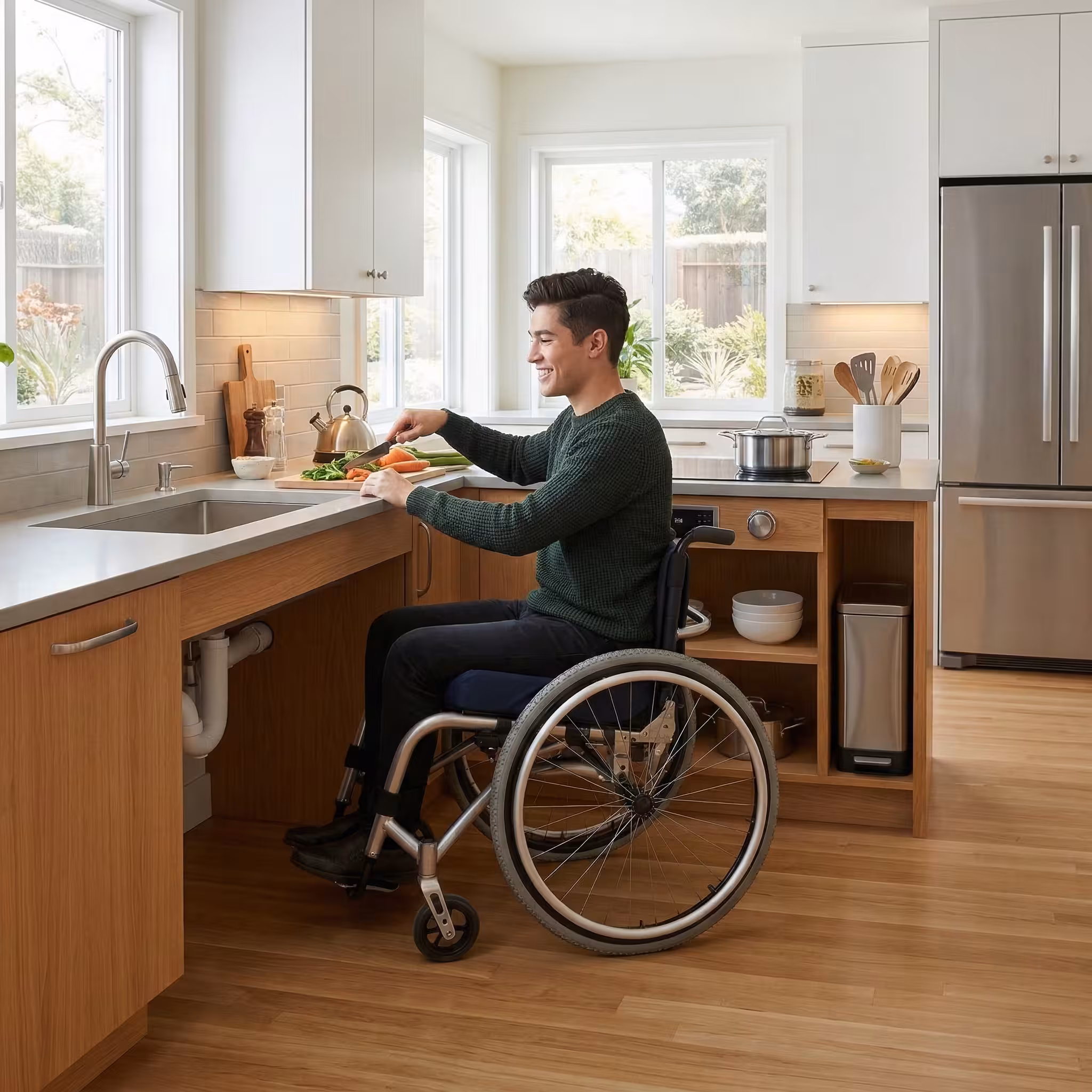 A young man in a wheelchair smiles as he prepares vegetables at an accessible kitchen counter. The light wood cabinetry features an open space beneath the sink and prep area, allowing his wheelchair to roll directly under the workspace. The modern kitchen is bright and airy, with large windows overlooking a garden, white upper cabinets, and a stainless steel refrigerator in the background.