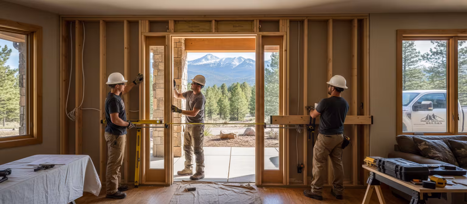 Large brick and stone mansion with multiple windows, surrounded by tall pine trees and landscaping.