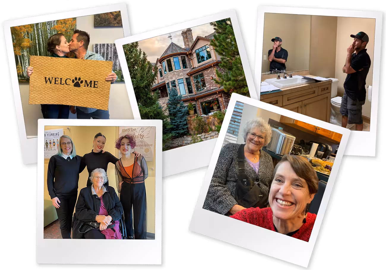 A collection of five overlapping Polaroid-style photos captures various personal and professional moments. The snapshots include a couple kissing while holding a "WELCOME" mat, a large multi-story stone estate, a contractor inspecting a bathroom, and two photos featuring smiling family members, including a woman in a wheelchair. The images are arranged in a casual collage against a plain white background, conveying a sense of memory and home.