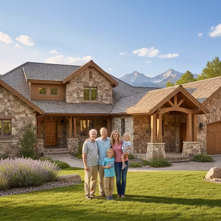 A multi-generational family of five stands smiling on a bright green lawn in front of a large, rustic stone and timber home. The expansive house features beautiful masonry, heavy wood beams, and two private entrances for independent living.