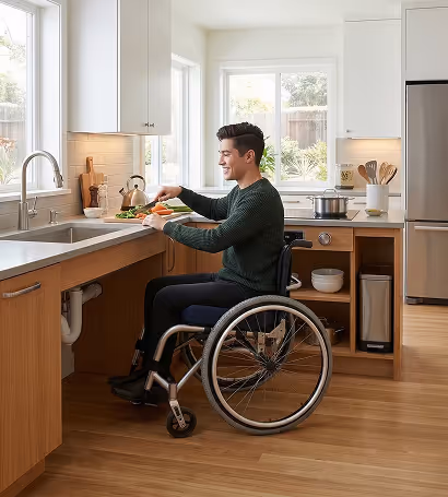 Person in a wheelchair preparing vegetables on a cutting board in a modern kitchen.