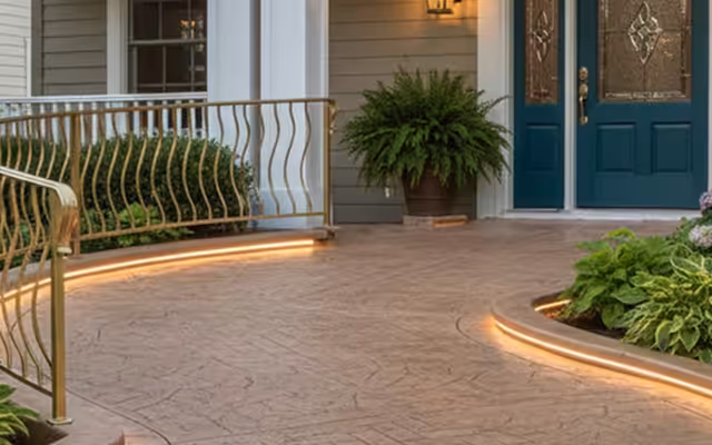 Curved front porch walkway with textured concrete flooring, warm LED strip lights along the edges, brass railing, potted fern, and double green front doors with glass panels.