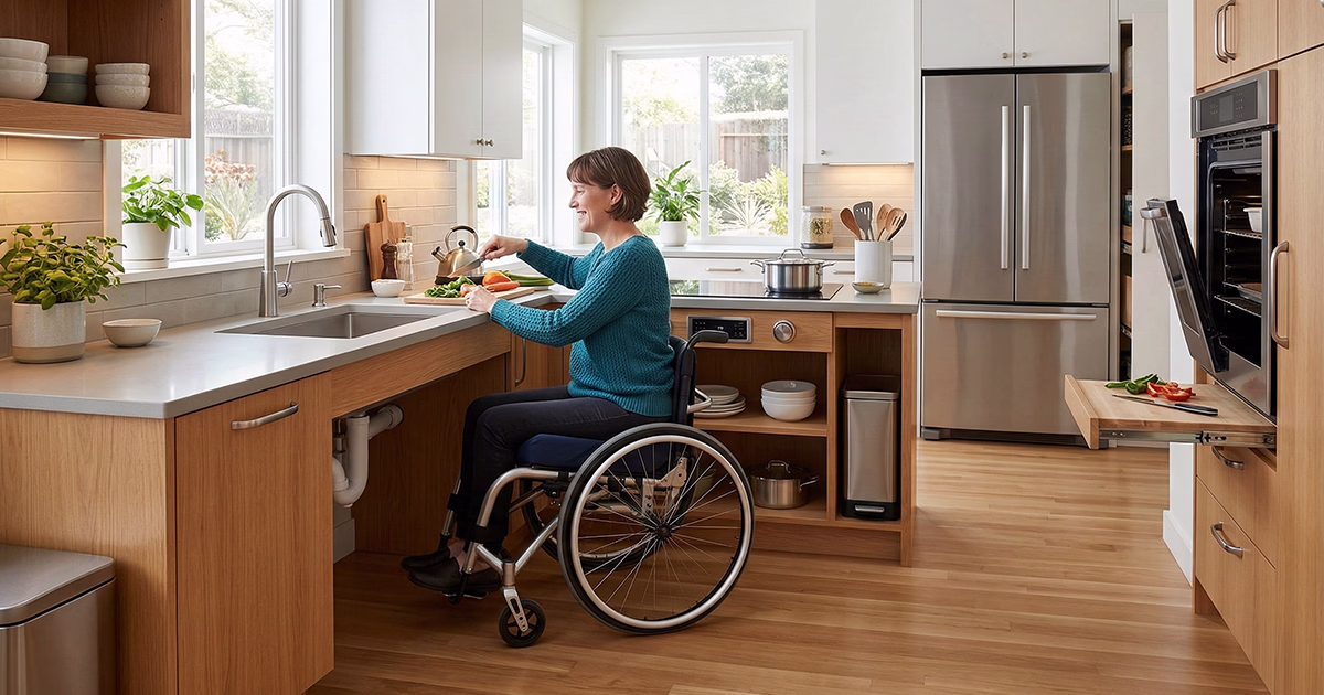 Wheelchair accessible kitchen with hardwood floors, lower counter tops and accessible oven