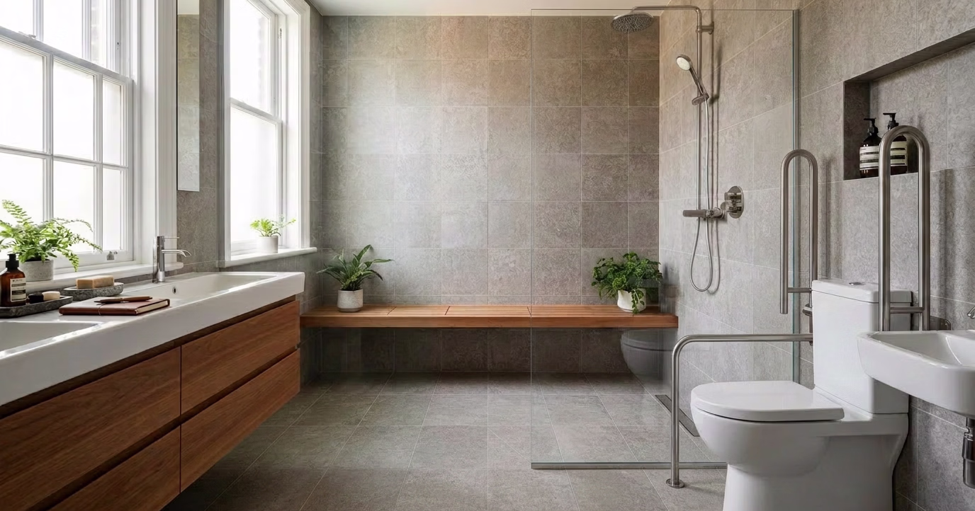 upgraded wheelchair accessible bathroom with zero-step shower, handicapped toilet and accessible sick