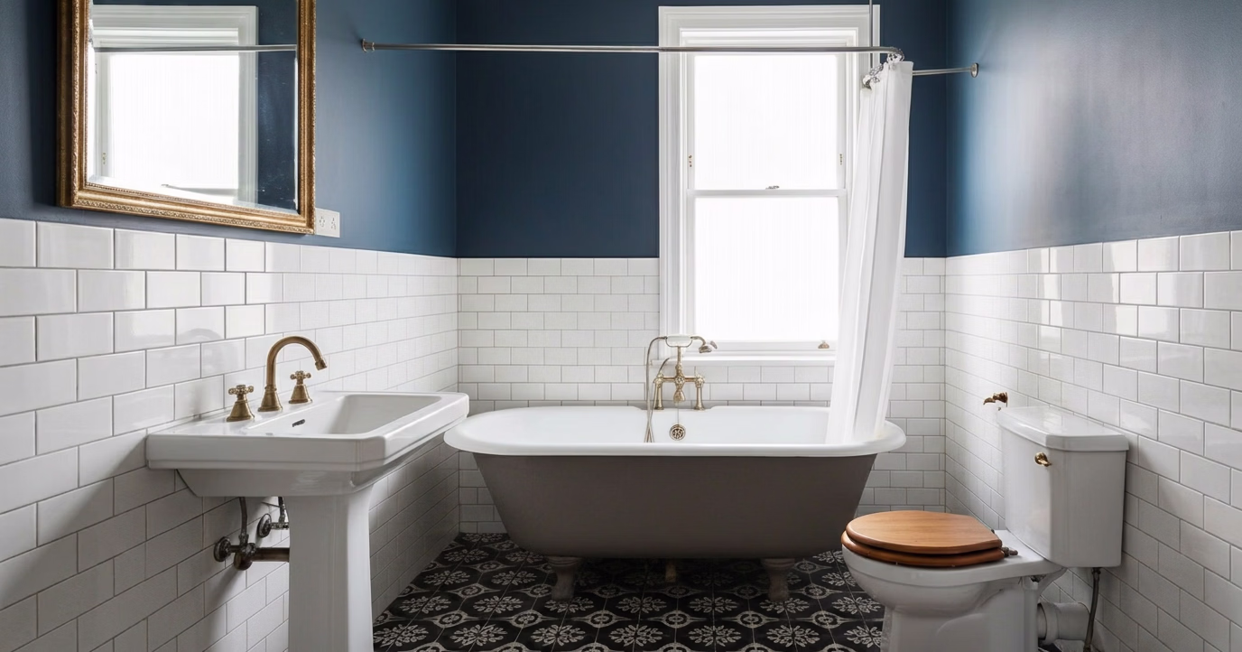 Traditional home bathroom with stand alone tub, toilet and sink