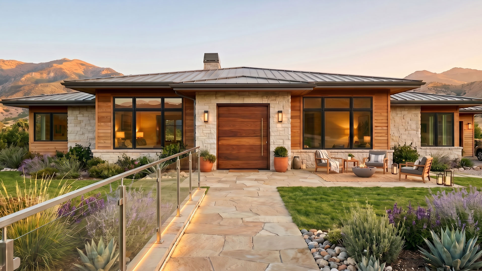 Front of Colorado home features a flat walkway with lit railing leading to a wide lightweight door