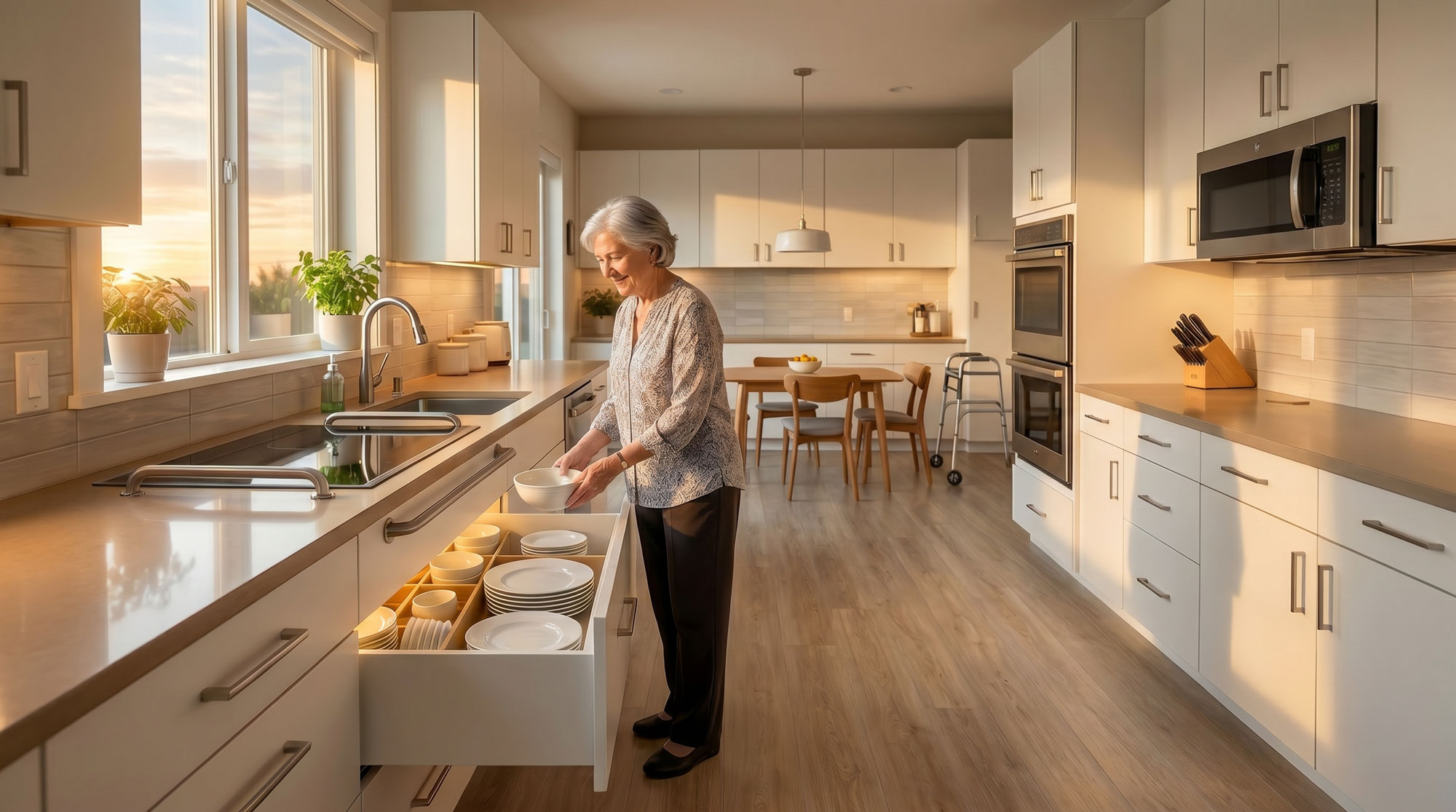 an elderly woman comfortably removes dinner ware from a waist-height drawer
