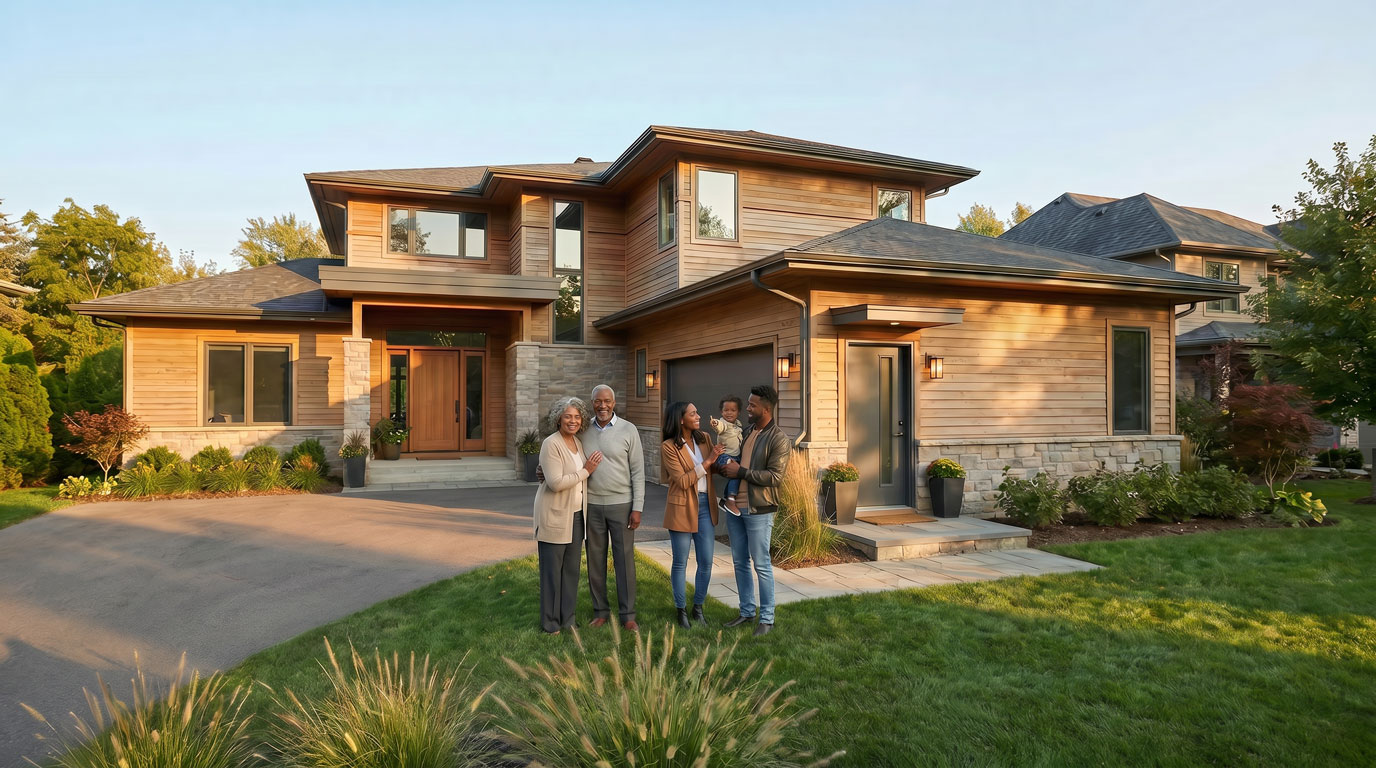 An older couple stands next to their adult children and grandson in the front yard of a nice home with an attached ADU.