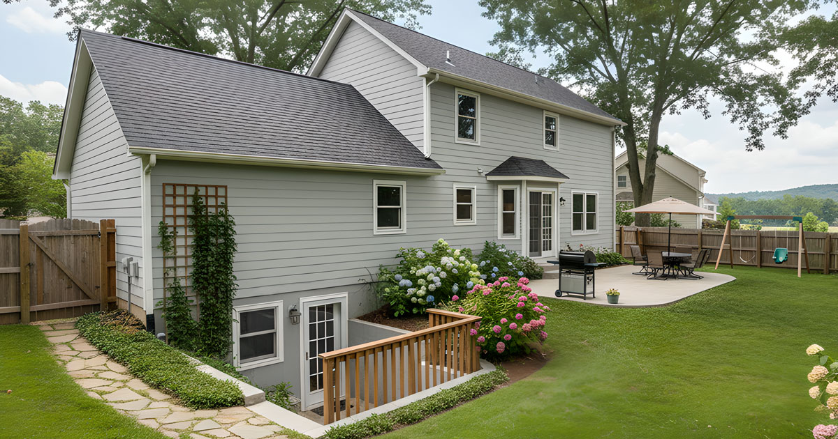 rear via of a suburban home features a private entrance to living space in the basement