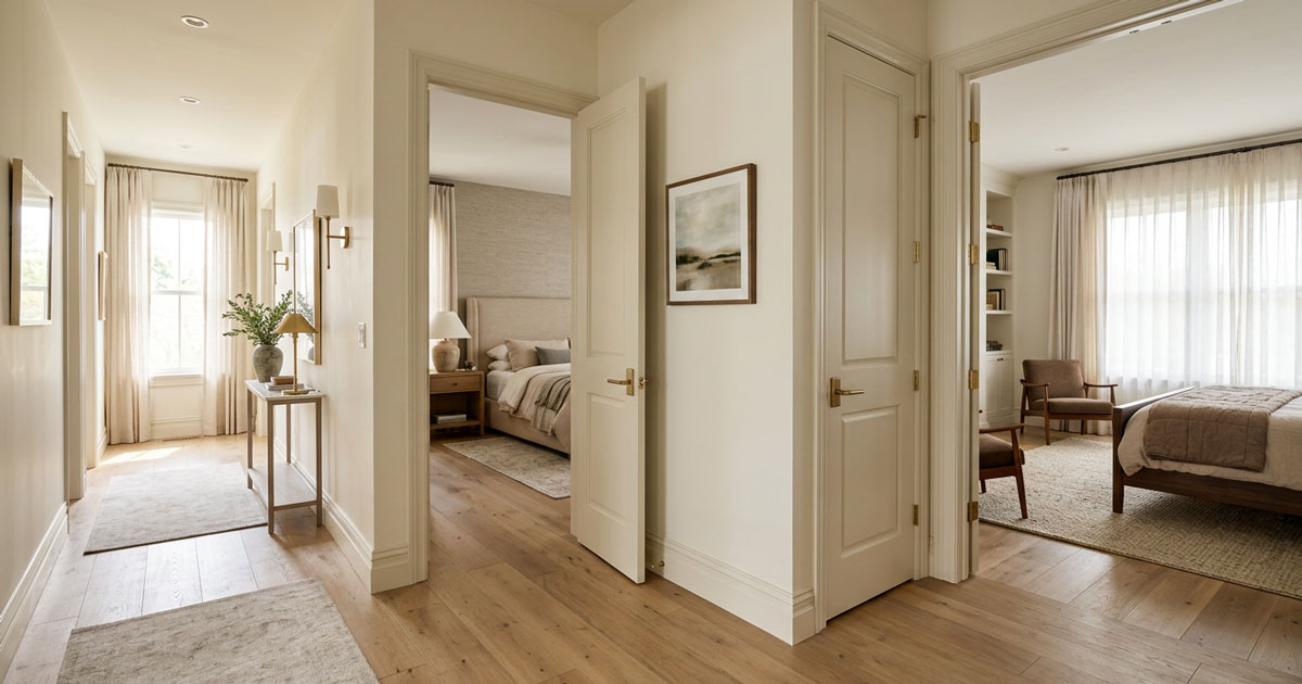 two master bedroom suites separated by a shared wall, each with a private entrance from a common hallway