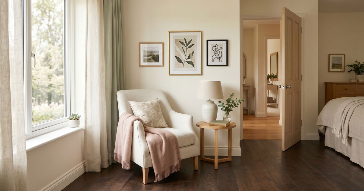 a cozy, quiet bedroom nook with a partially closed door, soft natural window light, warm neutral tones, hardwood floor, upholstered furniture, calm and peaceful atmosphere,