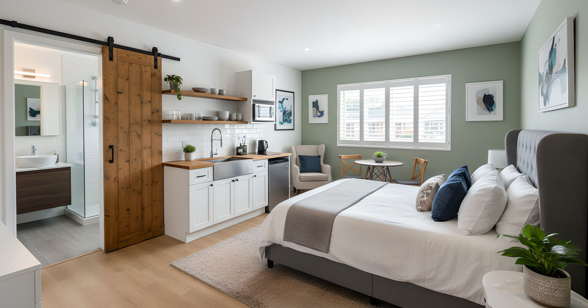 private bedroom suite with bathroom and kitchenette