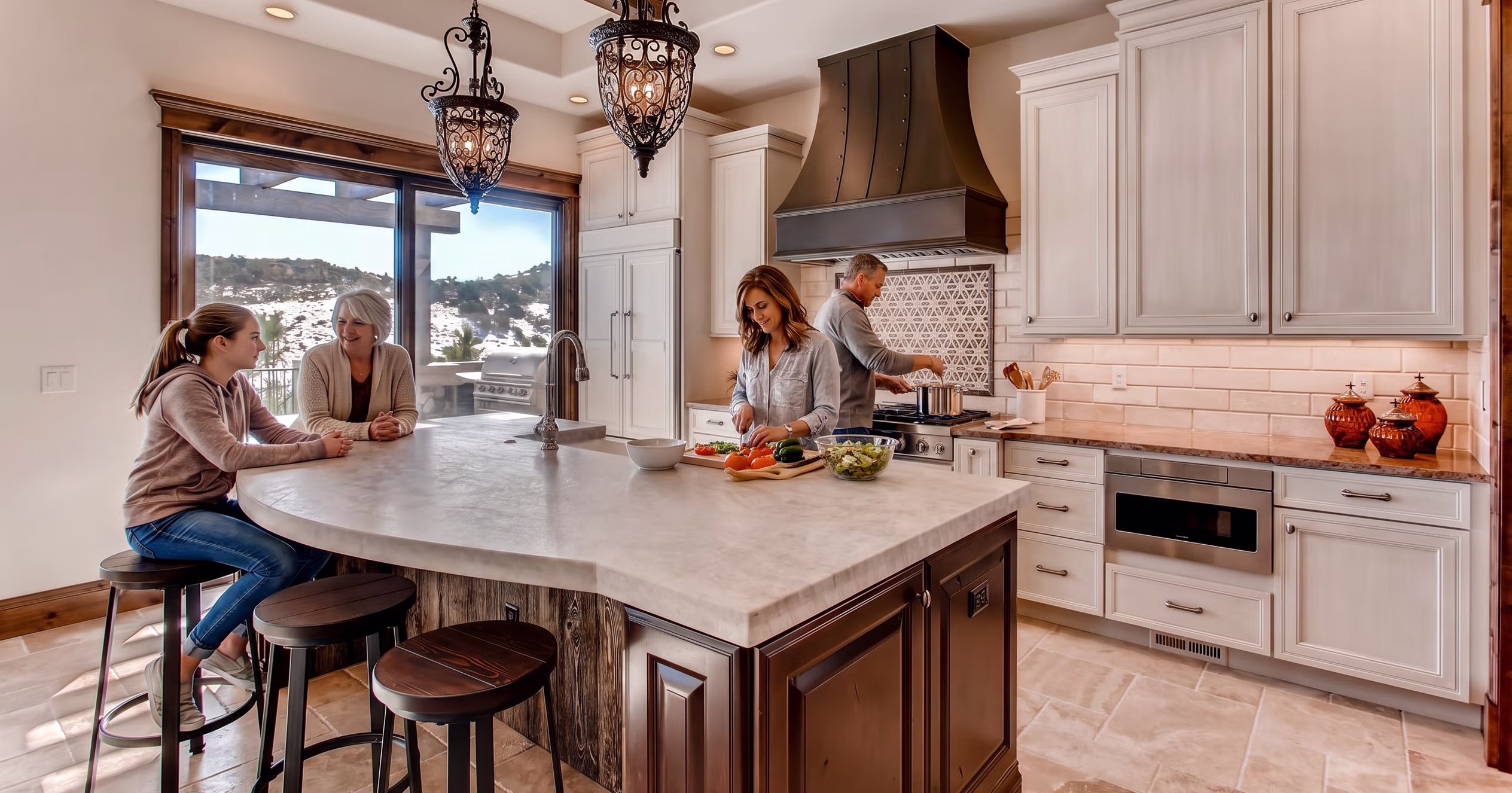 large renovated kitchen with big island where a family is congregated